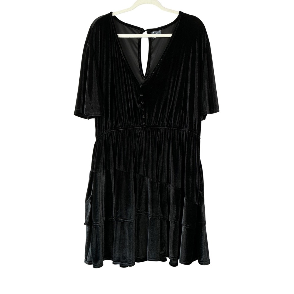 Arula Black Velvet Tiered Mini Dress V-Neck Short Flutter Sleeve Pockets Size C